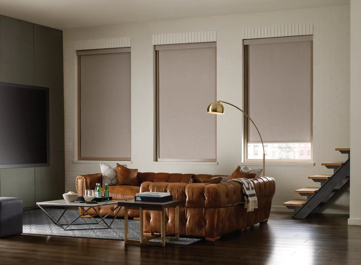 framed blackout shades in living room for no light seeping