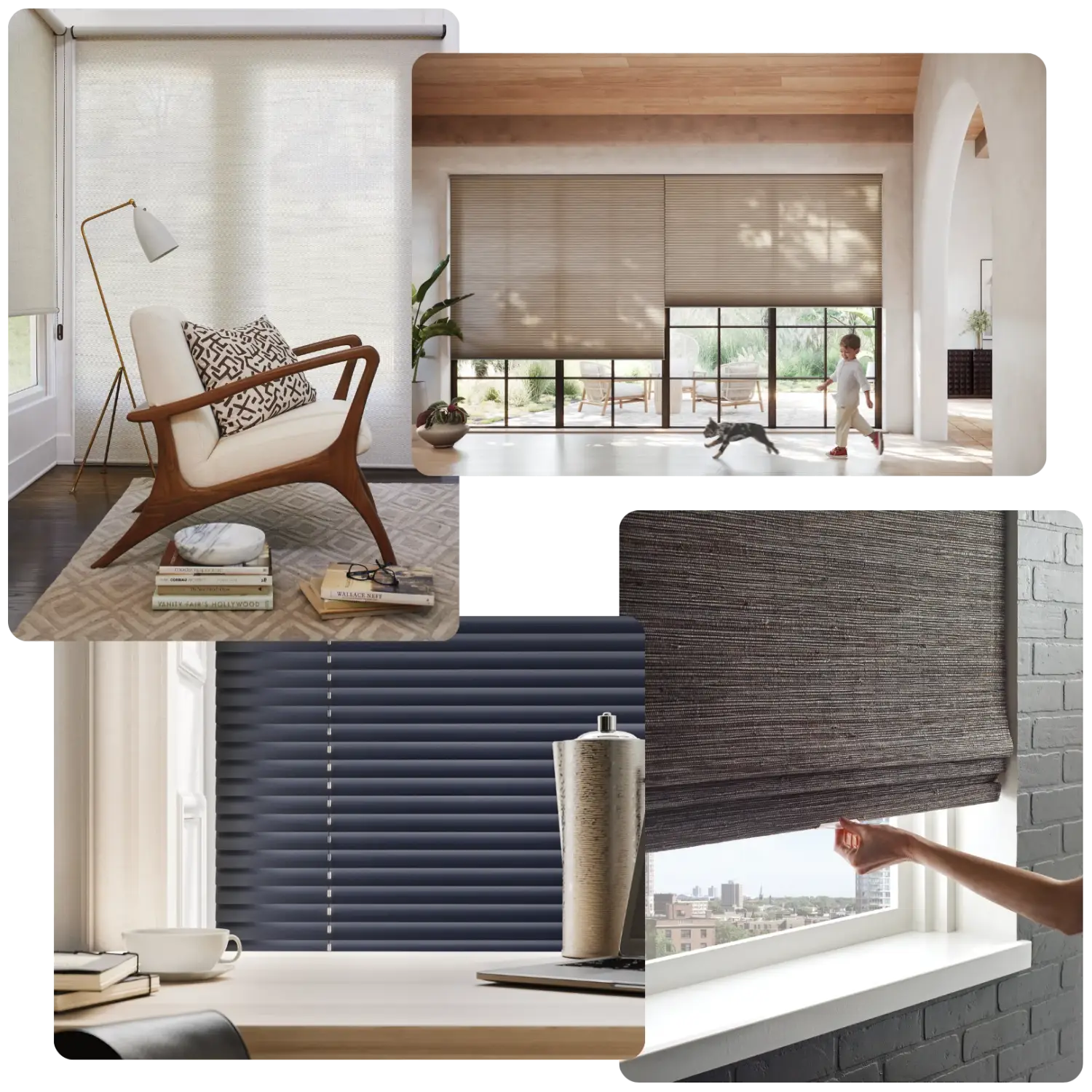 Collage of custom blinds in various colours and rooms