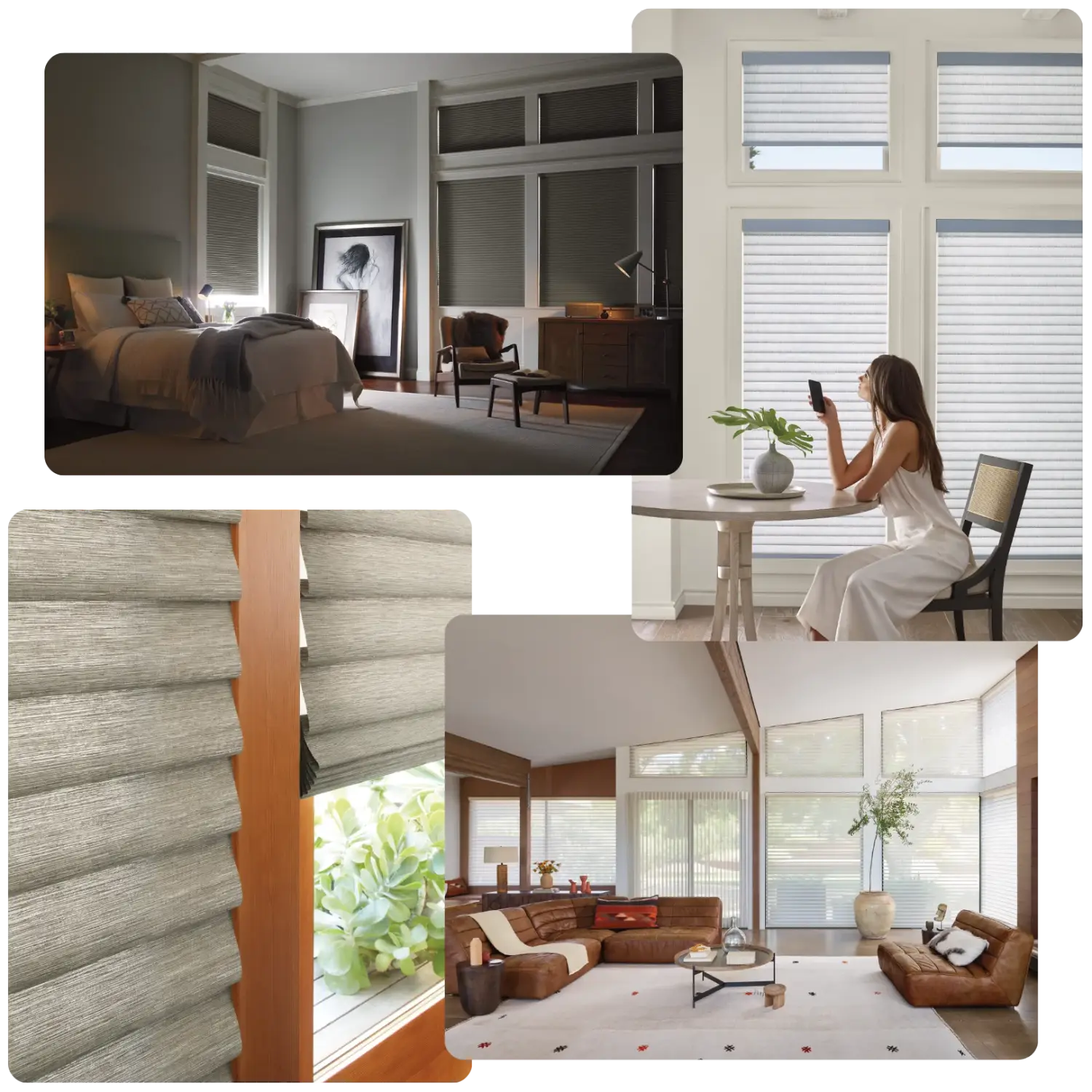 Collage of custom window shades in various styles and rooms