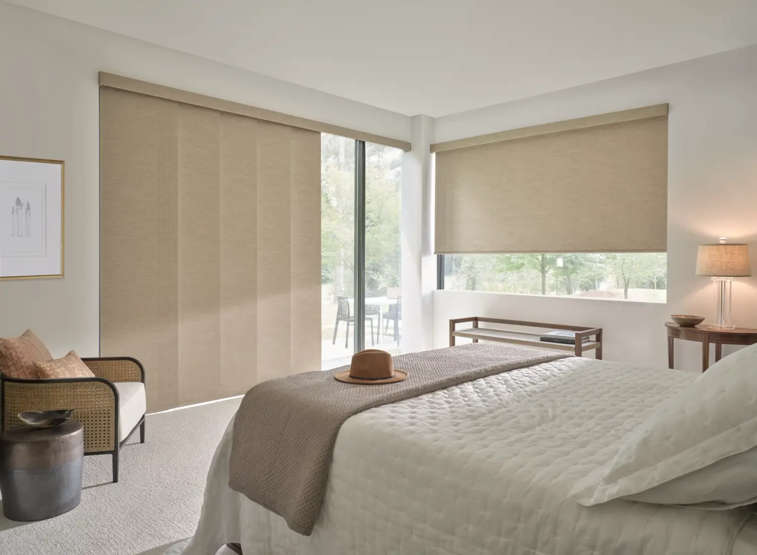 custom panel blinds on gliding track large window in bedroom