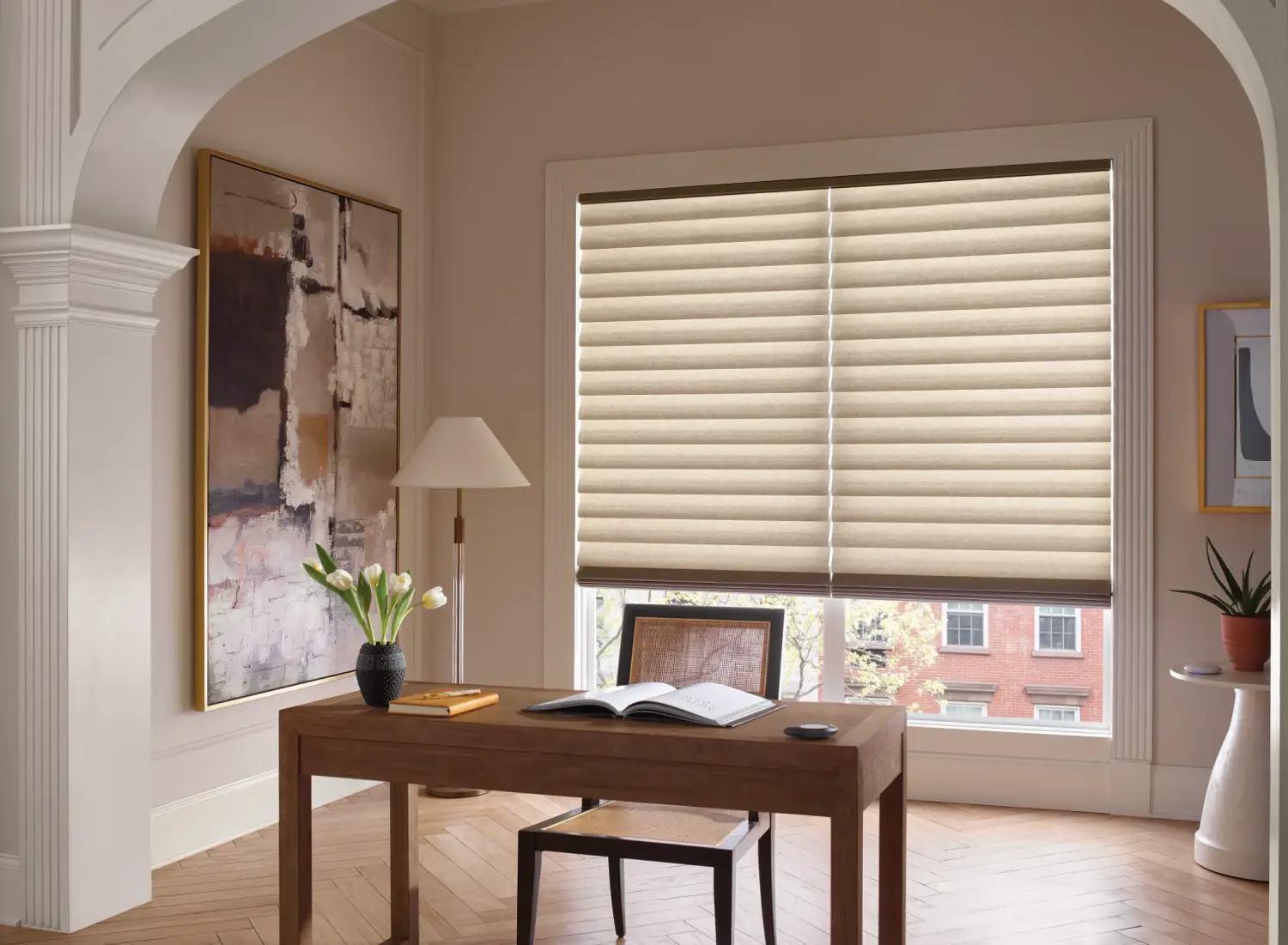 linen roman shades in home office