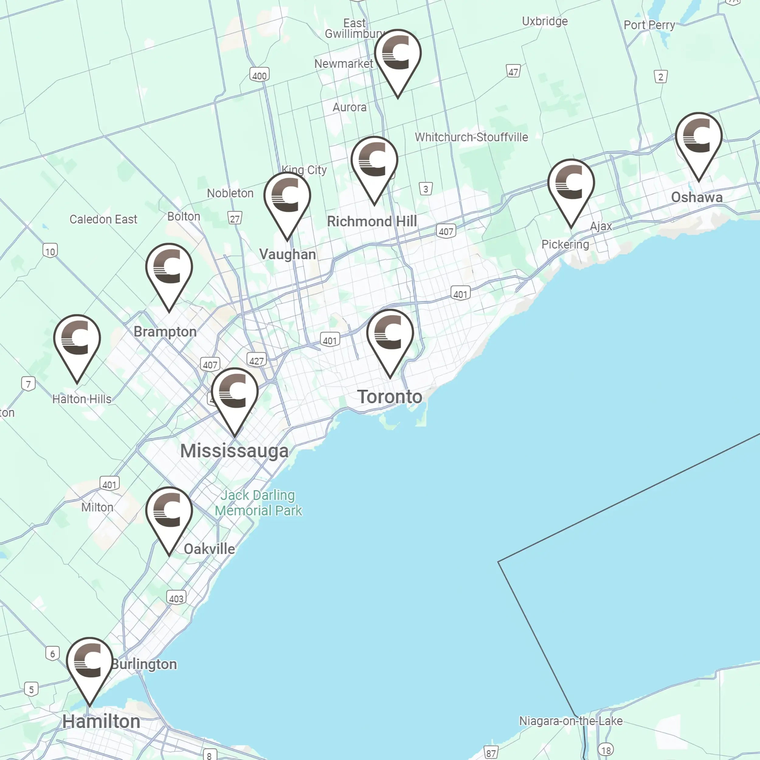 greater toronto area map showing service area for cadillac window fashions