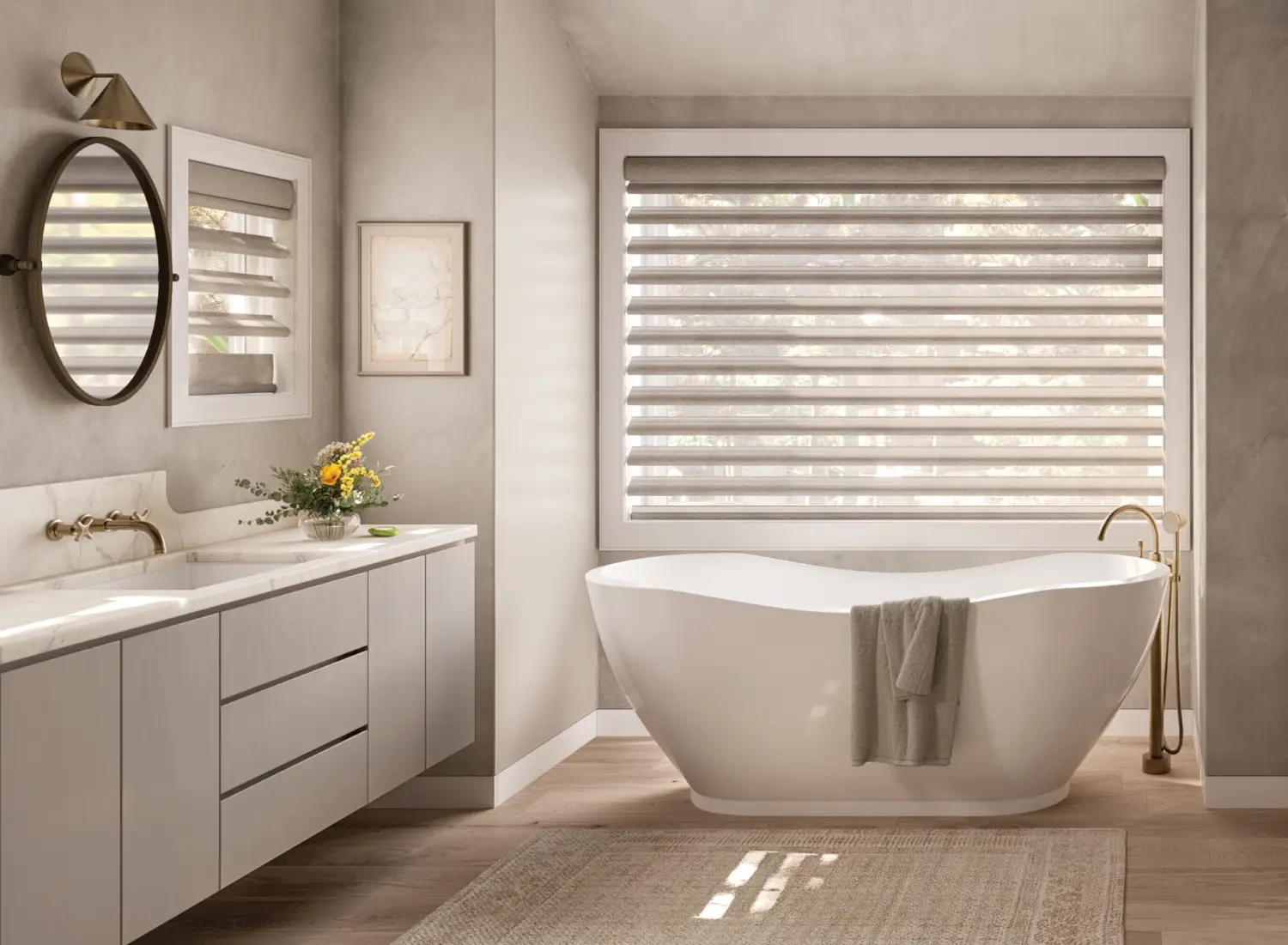 horizontal fabric sheer shades in bathroom window