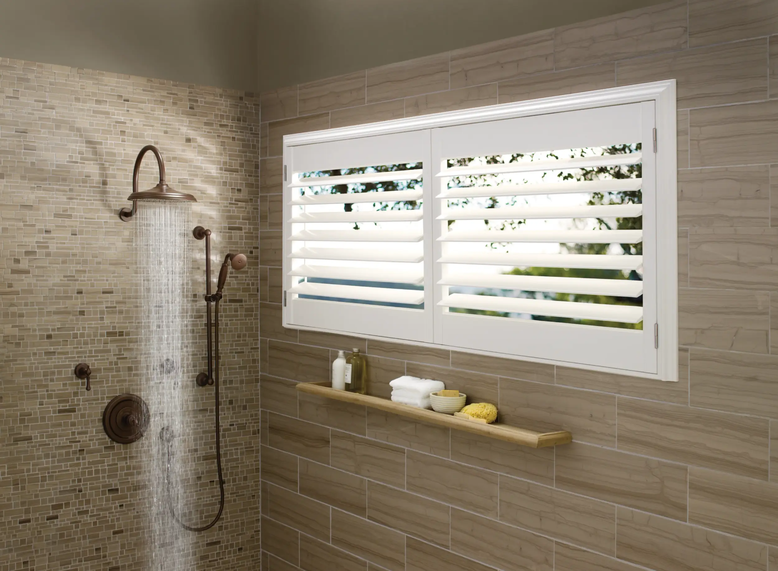 white vinyl shutters in shower bathroom window