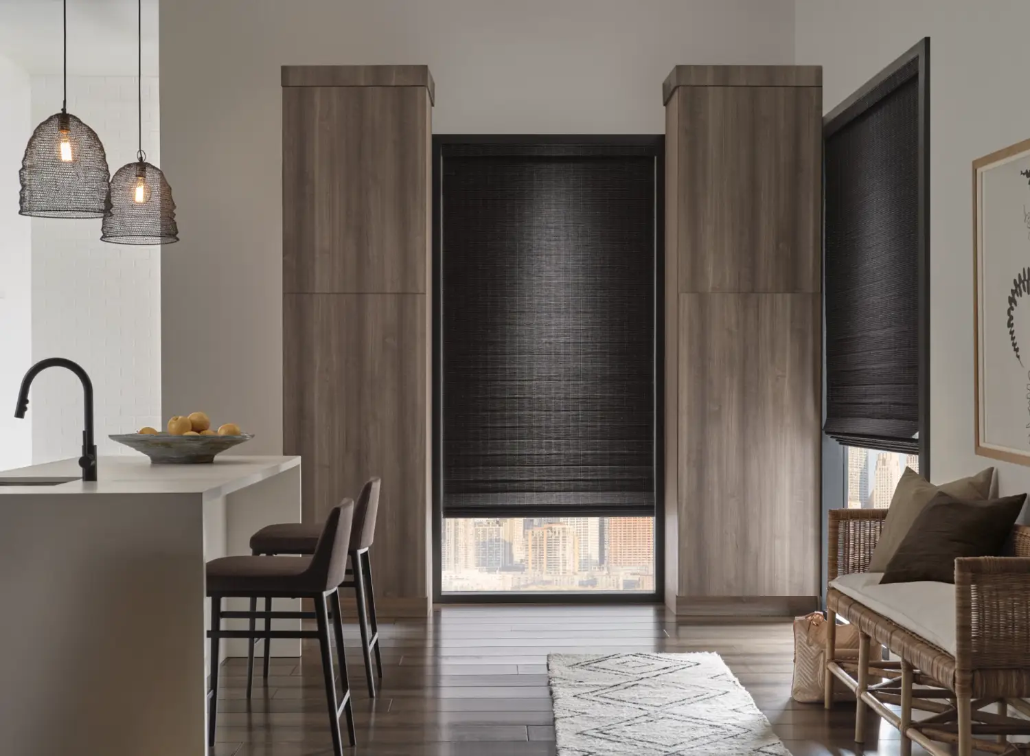 dark woven wood roman shade in townhouse kitchen