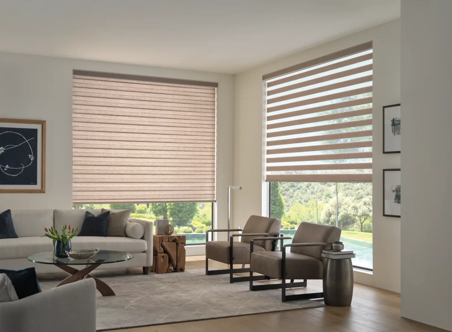 custom zebra blinds large living room windows