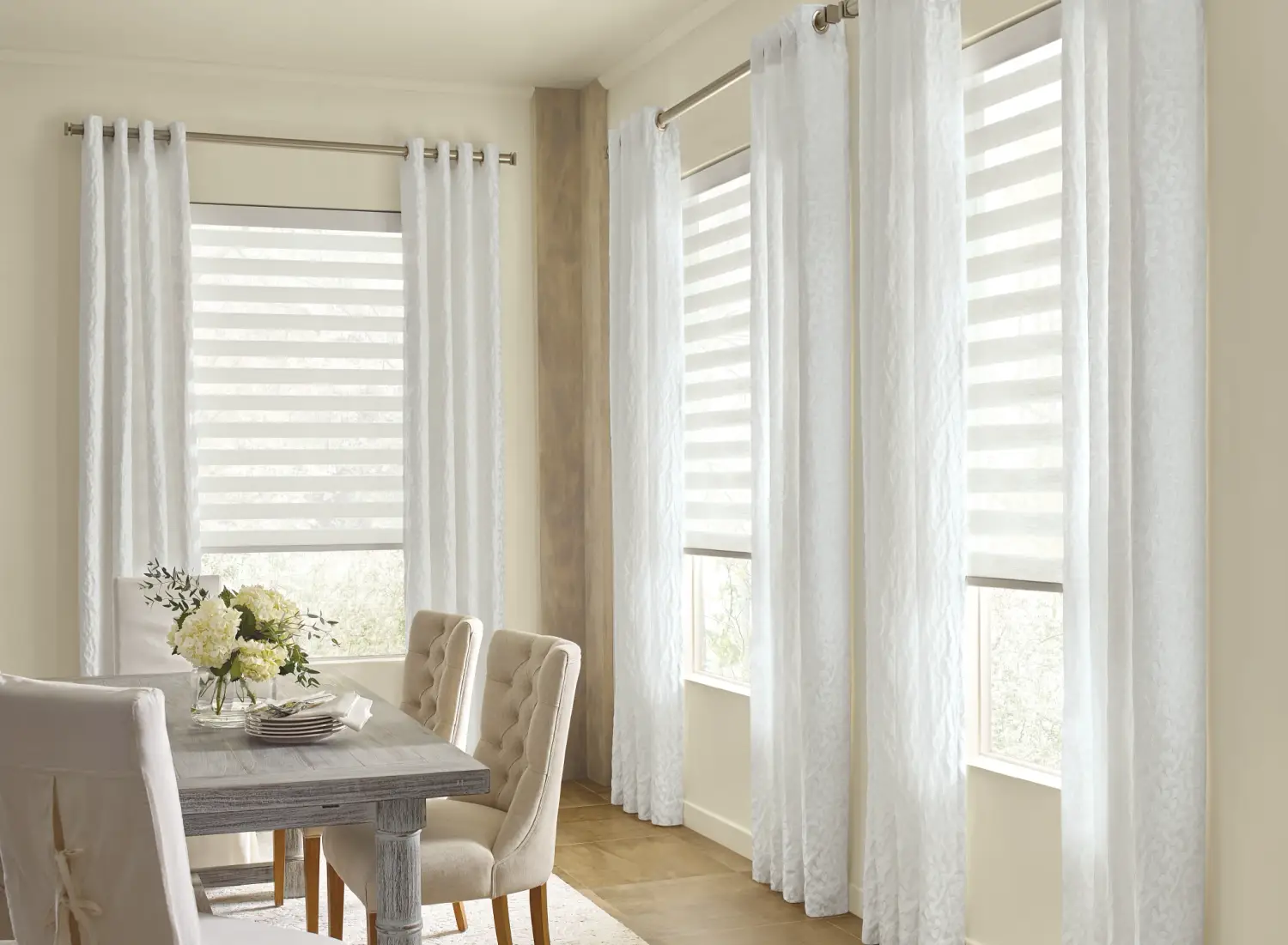 zebra banded shades in dining room